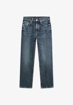 Proste jeansy o prostych nogawkach w ciemnoniebieskim kolorze, z przednimi i tylnymi kieszeniami, szlufkami na pasek oraz zapięciem na guzik i zamek błyskawiczny.