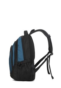 Schwarz-blauem Rucksack mit mehreren Reißverschlusstaschen, gepolsterten Schulterriemen und Netzakzenten. Verfügt über einen strukturierten Stoff für Haltbarkeit.