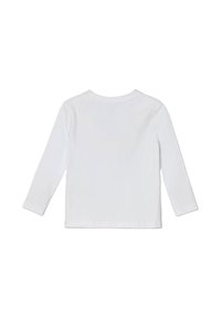 T-shirt bianco a maniche lunghe con collo tondo. Tessuto in cotone liscio, senza motivi o grafiche, chiaramente strutturato per un abbigliamento casual.