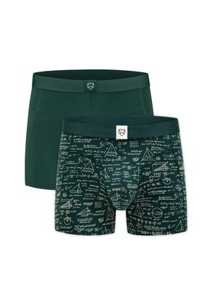 Dos bóxers para hombre de color verde oscuro, uno de color sólido y el otro con fórmulas matemáticas blancas y formas geométricas impresas.