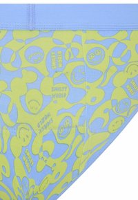 Sous-vêtements en coton bleu et vert présentant un motif ludique de visages souriants et de formes, avec une taille unie bleue et des bords cousus.