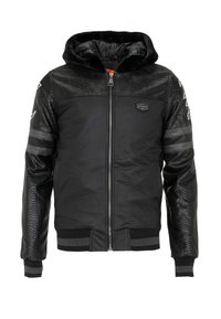 Black bomber jacket with textured snake-skin sleeves, zip closure, hood, and contrasting striped accents on cuffs and shoulders.