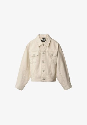 Beige denim jacket with long sleeves, button front, two buttoned chest pockets, and a collar, displayed against a white background.