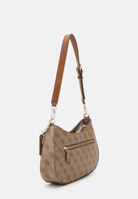 Brown patterned handbag with a smooth texture, gold hardware, and a single adjustable strap. Features a front zip pocket and a curved shape.