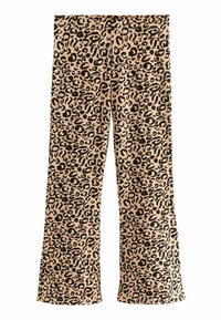 Spodnie w panterkę z rozszerzanymi nogawkami w beżowo-czarnym kolorze. Wykonane z miękkiego materiału z elastycznym paskiem w talii i gładką teksturą.