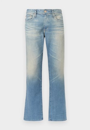 Light blue denim flared jeans with a faded finish, five-pocket design, metal button closure, and straight hems.