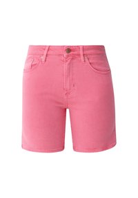 Pantalones cortos de mezclilla rosa con botón frontal, trabillas para cinturón y bolsillos frontales, exhibidos sobre un fondo blanco.