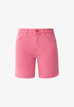 Rosa denimshorts med frontknap, bæltestropper og forlommer, vist på en hvid baggrund.