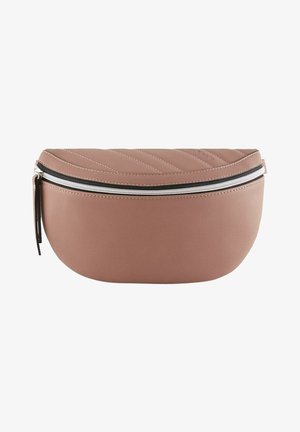 Borsa in finta pelle rosa con forma arrotondata, parte superiore trapuntata, chiusura con zip argentata e superficie texturizzata.