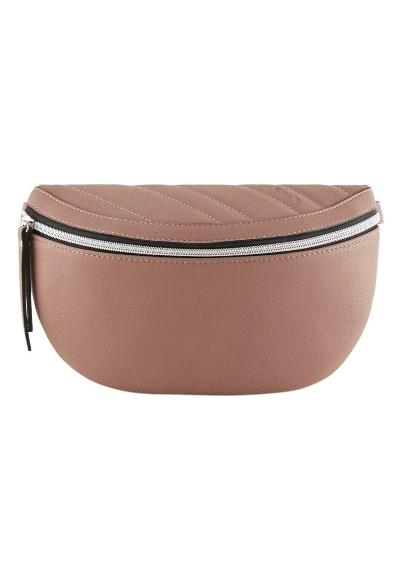 Růžová kabelka z umělé kůže s kulatým tvarem, prošívanou horní částí, stříbrným zipem a texturovaným povrchem.