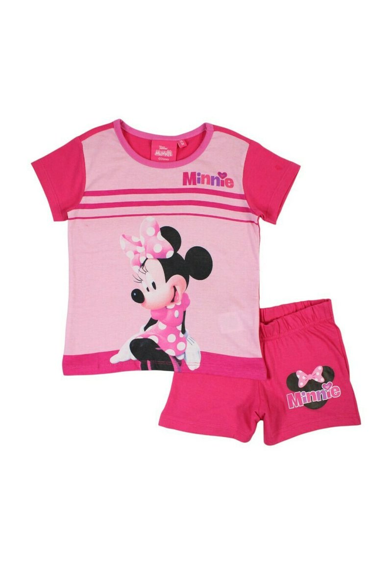 Ensemble de pyjama en coton rose comprenant une chemise à manches courtes avec un motif de Minnie Mouse et un short assorti, tous deux soulignés de détails roses et noirs.