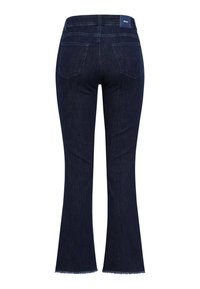 Mørkeblå flared jeans med en falmet tekstur, fem-lomme design og frynsekantdetalje. Har en mærket bæltestropp.