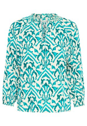 Viegls tunika ar mandarin apkakli, kurai ir abstrakts zilganbalts raksts, elastīgas aproces un nedaudz brīvs piegriezums.