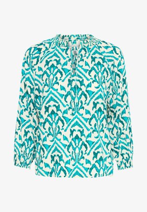 Lekka tunika z kołnierzykiem mandarynkowym, z abstrakcyjnym wzorem w odcieniach teal i bieli, elastycznymi mankietami oraz lekko luźnym krojem.