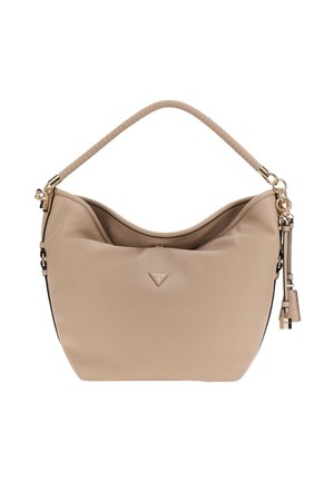 Borsa a mano in pelle beige con manico singolo avvolto, dettagli in metallo color oro, ciondolo decorativo a forma di lucchetto e piccolo logo triangolare al centro in frontale.