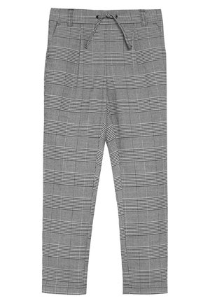 Grau- und schwarz kariertes Tuch mit strukturierter Oberfläche, ausgestattet mit einem elastischen Bund mit Kordelzug und Seitentaschen.