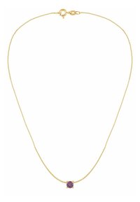 Guldhalskæde med en enkelt rund lilla ædelsten i midten, glat tekstur, delikat design og lukning med hummerlås.