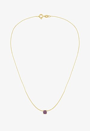 Kuldne kett-kaelakee, mille keskel on üks ümmargune lilla vääriskivi, sile pind, õrn disain ja homaarklambriga kinnituse.