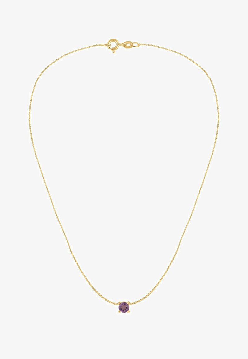 Guldhalskæde med en enkelt rund lilla ædelsten i midten, glat tekstur, delikat design og lukning med hummerlås.