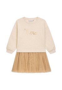 Beige Sweatshirt mit Rundhalsausschnitt und glitzerndem "Merci"-Text, kombiniert mit einem gestuften, tanfarbigen Tüllrock. Weicher Stoff und gerafftes Detail an der Taille.