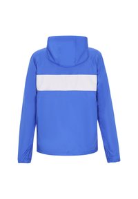 Giacca con cappuccio blu con una striscia orizzontale bianca sulla parte superiore della schiena, realizzata in materiale leggero e con polsini elastici.