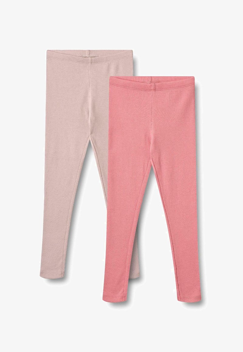 Two pairs of fitted leggings: one in light pink and the other in coral. Made of soft, stretchable fabric with a smooth texture.