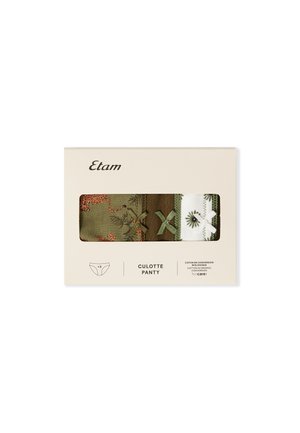 Un pacchetto da tre paia di mutandine da donna in verde, marrone e bianco, con motivi floreali e a leopardo, confezionato in una scatola crema etichettata "Etam."