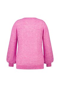 Roze gebreide trui met een gestructureerd patroon, ronde halslijn en pofmouwen. Lichtgewicht materiaal met een subtiel kantachtig ontwerp.