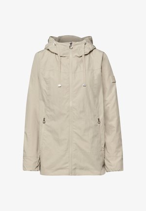 Hellbeige Kapuzenjacke mit Frontreißverschluss, verstellbaren Kordeln, seitlichen Reißverschlusstaschen und dezentem Logo-Patch am linken Ärmel.