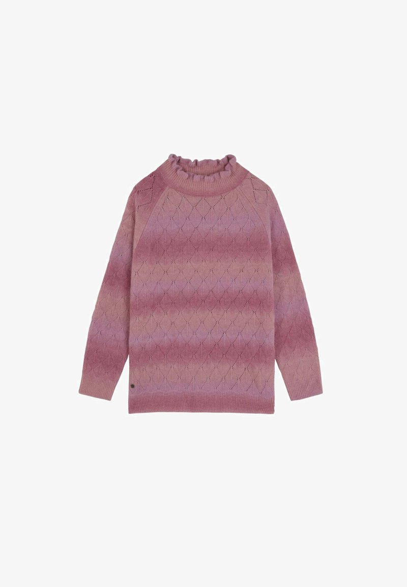 Pull en tricot dégradé de teintes roses, avec un col volanté, un motif en losanges et des poignets côtelés. Texture douce et coupe décontractée.