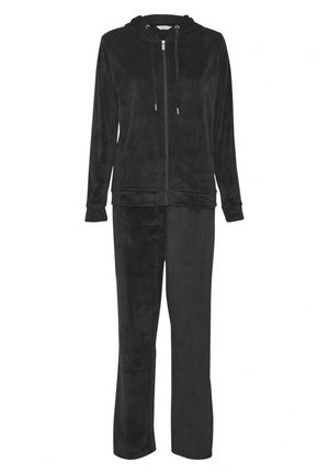 Black fleece tracksuit featuring a zip-up hoodie with drawstrings and long pants with a straight leg. Soft texture throughout.