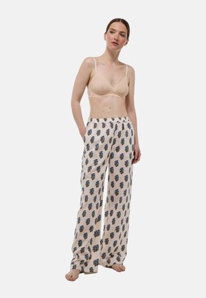 Pantalons de pyjama légers, de couleur crème, ornés d'un motif floral bleu et vert. Dotés d'une taille élastique et de poches latérales.