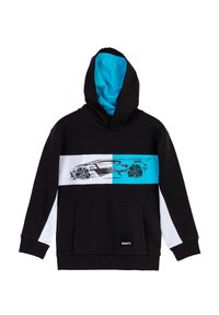 Felpa nera con cappuccio bordato di turchese, strisce bianche e turchesi, con una grafica di un'auto Bugatti sul davanti e una tasca frontale.