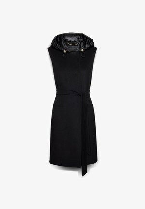 Beżowa, bezrękawnikowa kurtka z paskiem, z połyskującym pikowanym kapturem z regulowanymi sznurkami, dwiema przednimi kieszeniami oraz prostym dołem.