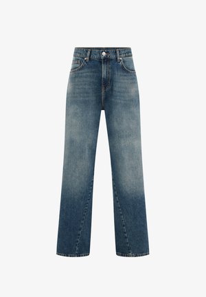 Leveälahkeiset siniset farkut haalistuneella pesulla, joissa on klassinen viiden taskun malli, napillinen vetoketju ja suora leikkaus nilkan kohdalla.