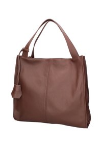 Borsa tote in pelle marrone con finitura testurizzata, dotata di doppi manici, dettaglio con nappina laterale e una struttura ampia e morbida.