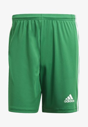 Grüne sportliche Shorts aus einem glatten Stoff mit einem bequemen elastischen Bund, ausgestattet mit weißen Seitenstreifen und einem Adidas-Logo.