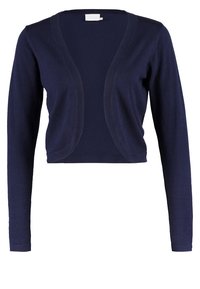 Marineblauwe cropvest met lange mouwen, open voorkant en een zachte, lichtgewicht stof.