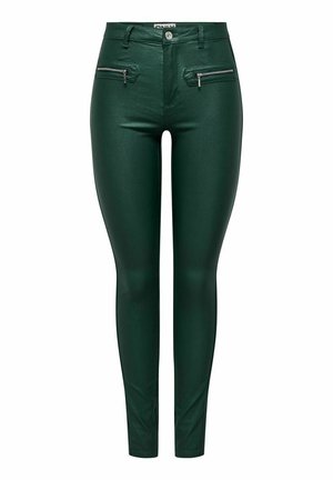 Pantalones verdes de cintura alta hechos de material brillante, con bolsillos delanteros con cremallera y un ajuste cónico. La textura lisa realza el aspecto elegante.