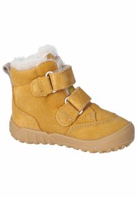 Bota infantil de ante amarillo con dos correas de velcro, forro interior suave, punta redondeada y suela de goma texturizada. Suela acanalada para mayor tracción.