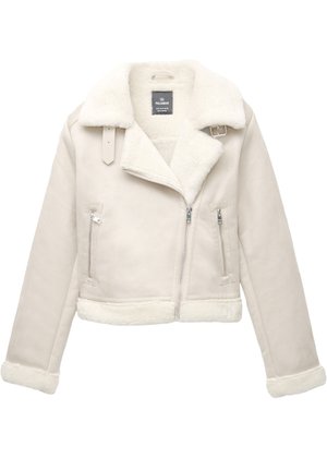 Lysebeige jakke foret med imiteret pels, med cropped design, brede revers, asymmetrisk lynlås og to sidelommer med lynlås. Tekstureret yderside.