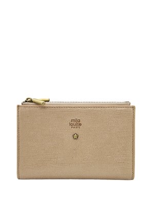 Portefeuille beige texturé avec ornement étoile dorée, compartiment zippé et logo "mila louise PARIS" sur le devant.