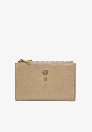 Portefeuille beige texturé avec ornement étoile dorée, compartiment zippé et logo "mila louise PARIS" sur le devant.