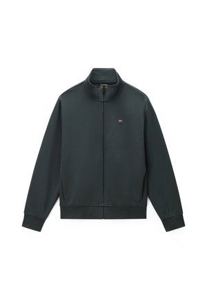 Giacca verde scuro con cerniera, maniche lunghe, colletto alto e piccolo logo con la bandiera norvegese sul lato sinistro del petto.