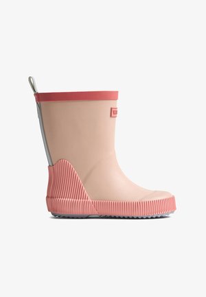 Botte de pluie en caoutchouc mi-hauteur pour enfant en rose clair avec une semelle et un talon côtelés rose plus foncé, dotée d'une languette à l'arrière.