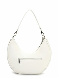 Hvid hobo-taske i imiteret læder med en buet form, sølvfarvet lynlåslomme foran og enkelt skulderrem.