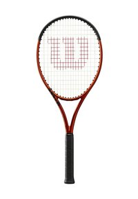 Rode en zwarte tennisracket met Wilson-logo op witte snaren en een zwarte griphendel.