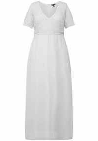 Bílá maxi šaty s texturovanou krajkovou částí, výstřihem do V, krátkými rukávy a hladkou, splývavou sukní. Jednoduchý a elegantní design.