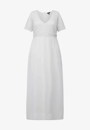 Abito maxi bianco con un corpetto in pizzo testurizzato, scollatura a V, maniche corte e una gonna liscia e fluente. Design semplice ed elegante.