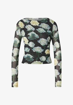 Langärmliges, transparentes Oberteil mit schwarzem Hintergrund, der mit weißen und grünen Rosenmustern verziert ist, aus leichtem, strukturiertem Stoff.